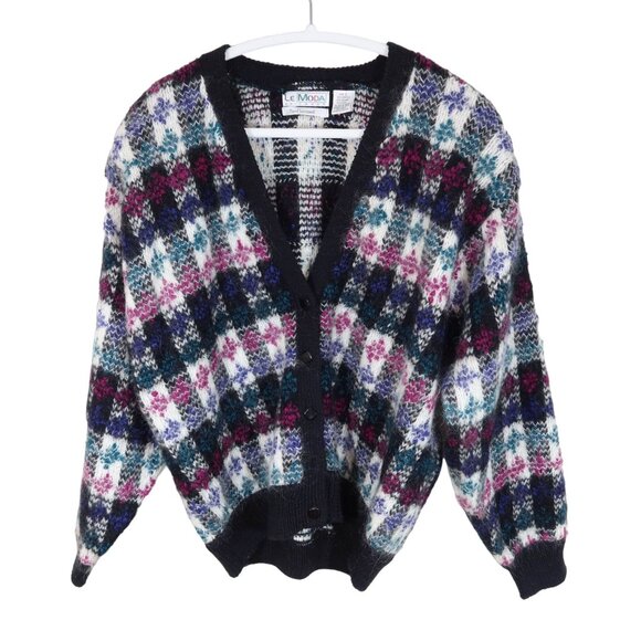 Vintage 80s Fuzzy Mohair Wool Hand Loomed Check Dolman Cardigan Sweater Size L - Picture 1 of 6